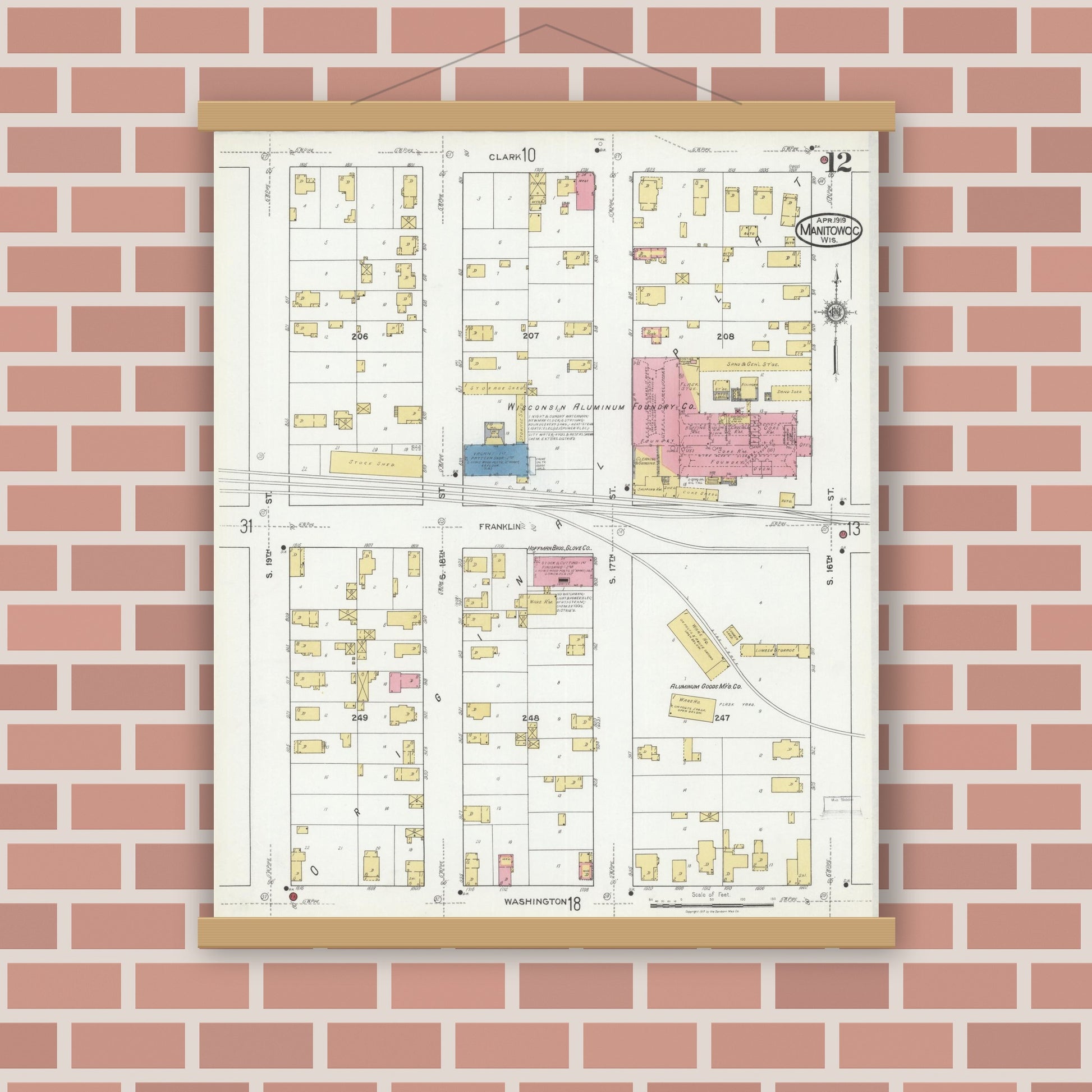 Old map wall art mockup — magnetic wood frame on brick wall — Sanborn Fire Insurance Map from Manitowoc, Manitowoc County, Wisconsin (1919), Sheet #0012