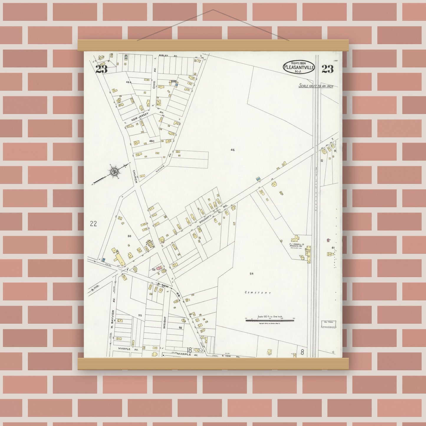 Old map wall art mockup — magnetic wood frame on brick wall — Sanborn Fire Insurance Map from Pleasantville, Atlantic County, New Jersey (1924), Sheet #0023
