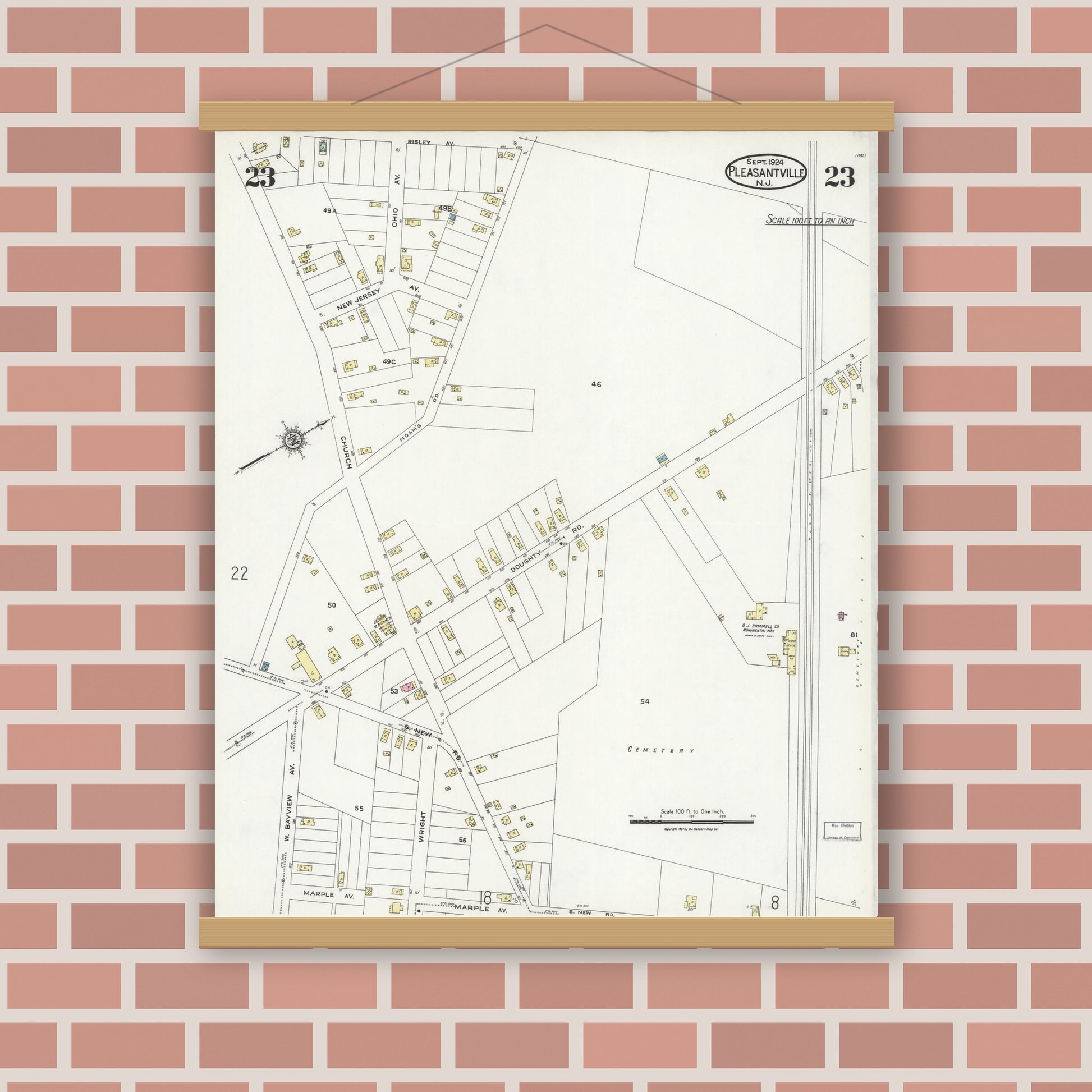 Old map wall art mockup — magnetic wood frame on brick wall — Sanborn Fire Insurance Map from Pleasantville, Atlantic County, New Jersey (1924), Sheet #0023