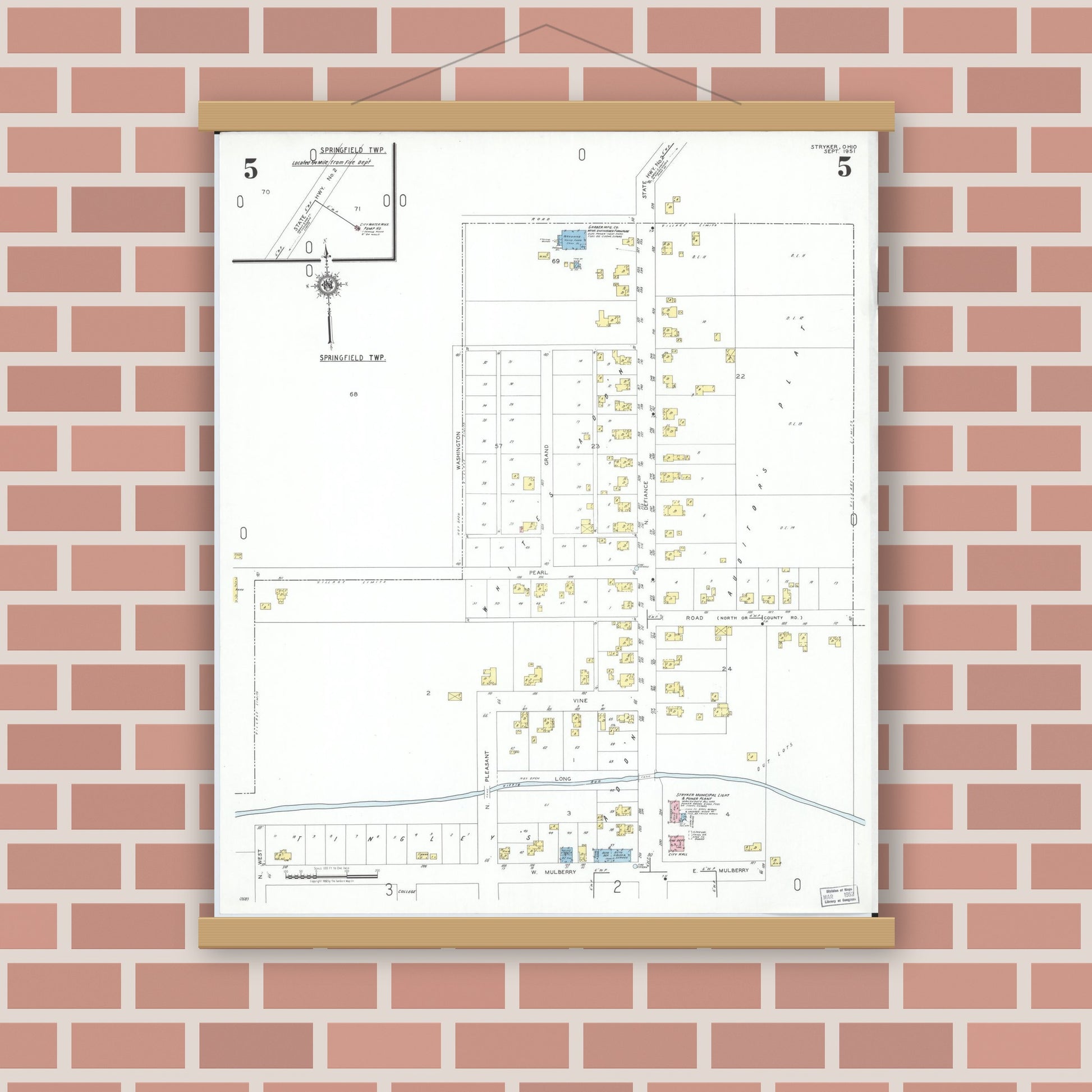 Old map wall art mockup — magnetic wood frame on brick wall — Sanborn Fire Insurance Map from Stryker, Williams County, Ohio (1951), Sheet #0005