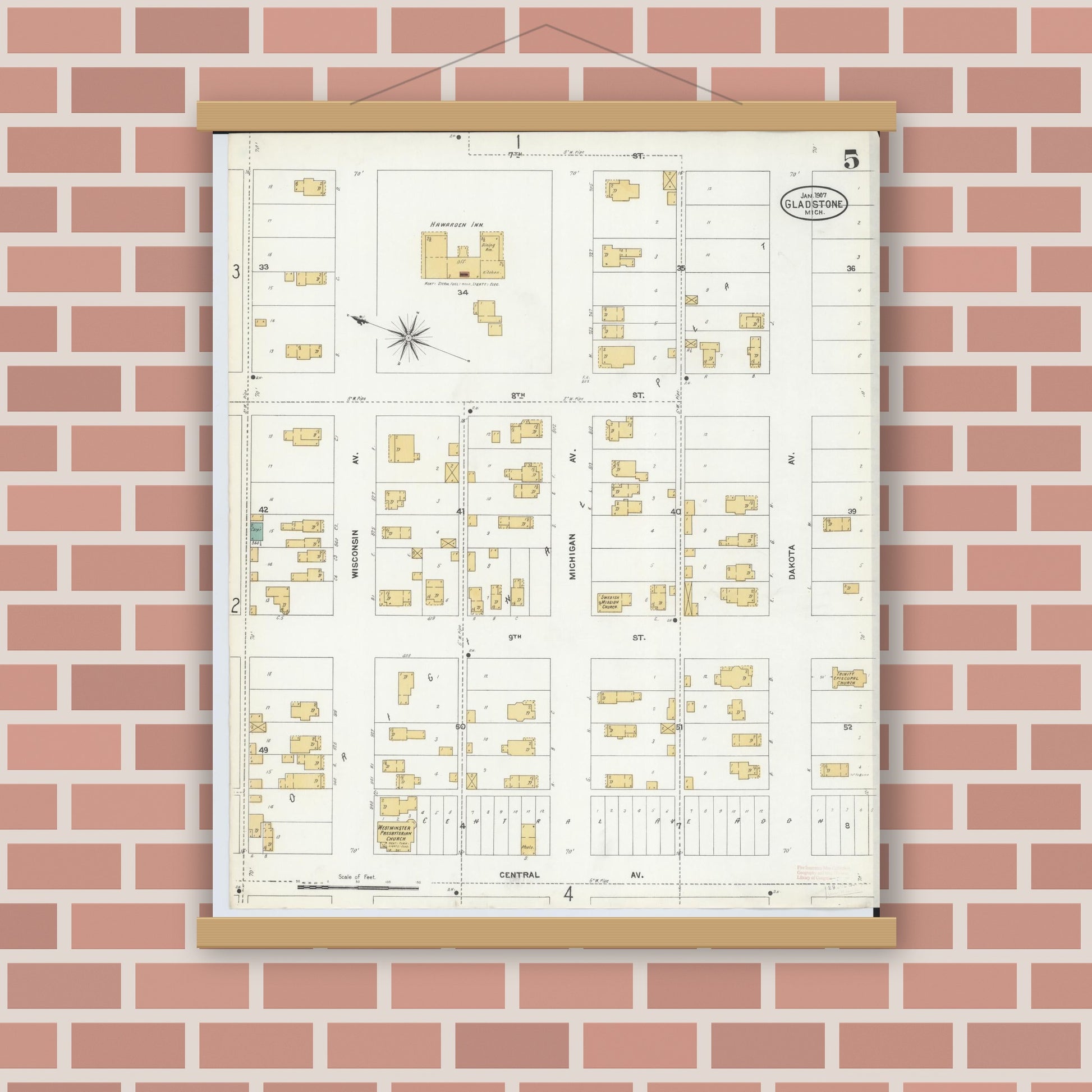 Old map wall art mockup — magnetic wood frame on brick wall — Sanborn Fire Insurance Map from Gladstone, Delta County, Michigan (1907), Sheet #0005