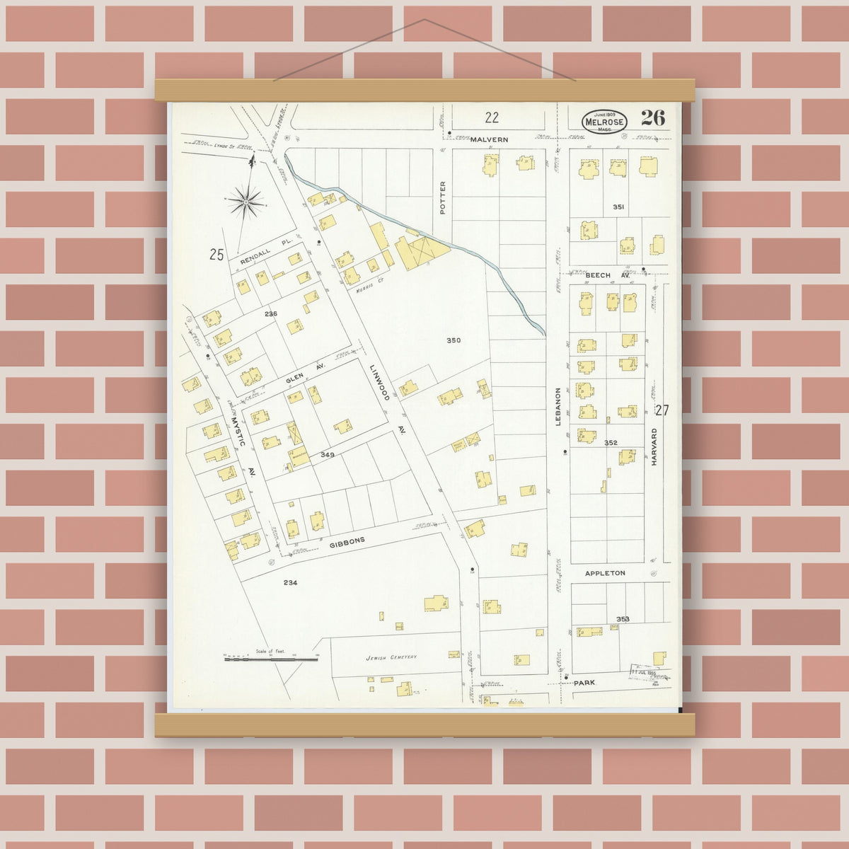 Old map wall art mockup — magnetic wood frame on brick wall — Sanborn Fire Insurance Map from Melrose, Middlesex County, Massachusetts (1909), Sheet #0026