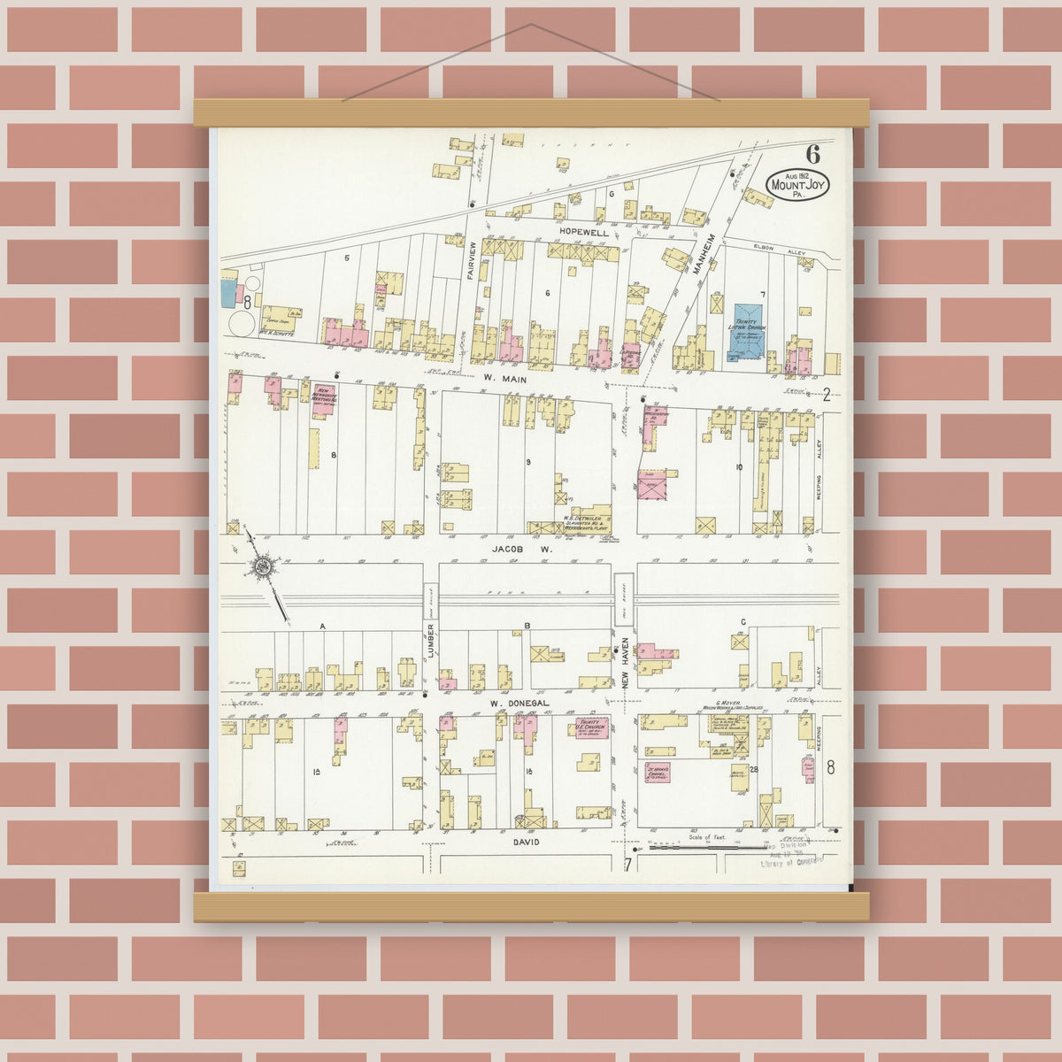 Old map wall art mockup — magnetic wood frame on brick wall — Sanborn Fire Insurance Map from Mount Joy, Lancaster County, Pennsylvania (1912), Sheet #0006