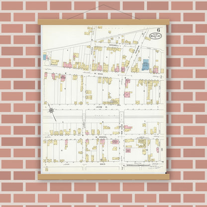 Old map wall art mockup — magnetic wood frame on brick wall — Sanborn Fire Insurance Map from Mount Joy, Lancaster County, Pennsylvania (1912), Sheet #0006
