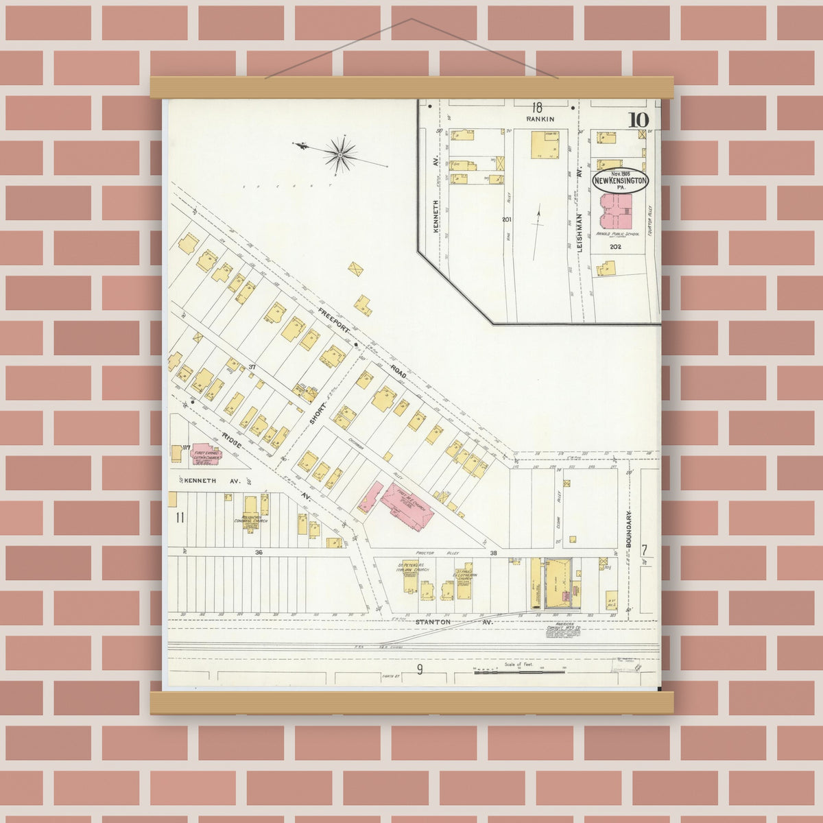 Old map wall art mockup — magnetic wood frame on brick wall — Sanborn Fire Insurance Map from New Kensington, Westmoreland County, Pennsylvania (1905), Sheet #0010