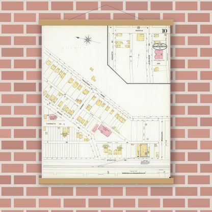 Old map wall art mockup — magnetic wood frame on brick wall — Sanborn Fire Insurance Map from New Kensington, Westmoreland County, Pennsylvania (1905), Sheet #0010
