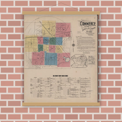 Old map wall art mockup — magnetic wood frame on brick wall — Sanborn Fire Insurance Map from Commerce, Hunt County, Texas (1922), Sheet #0001