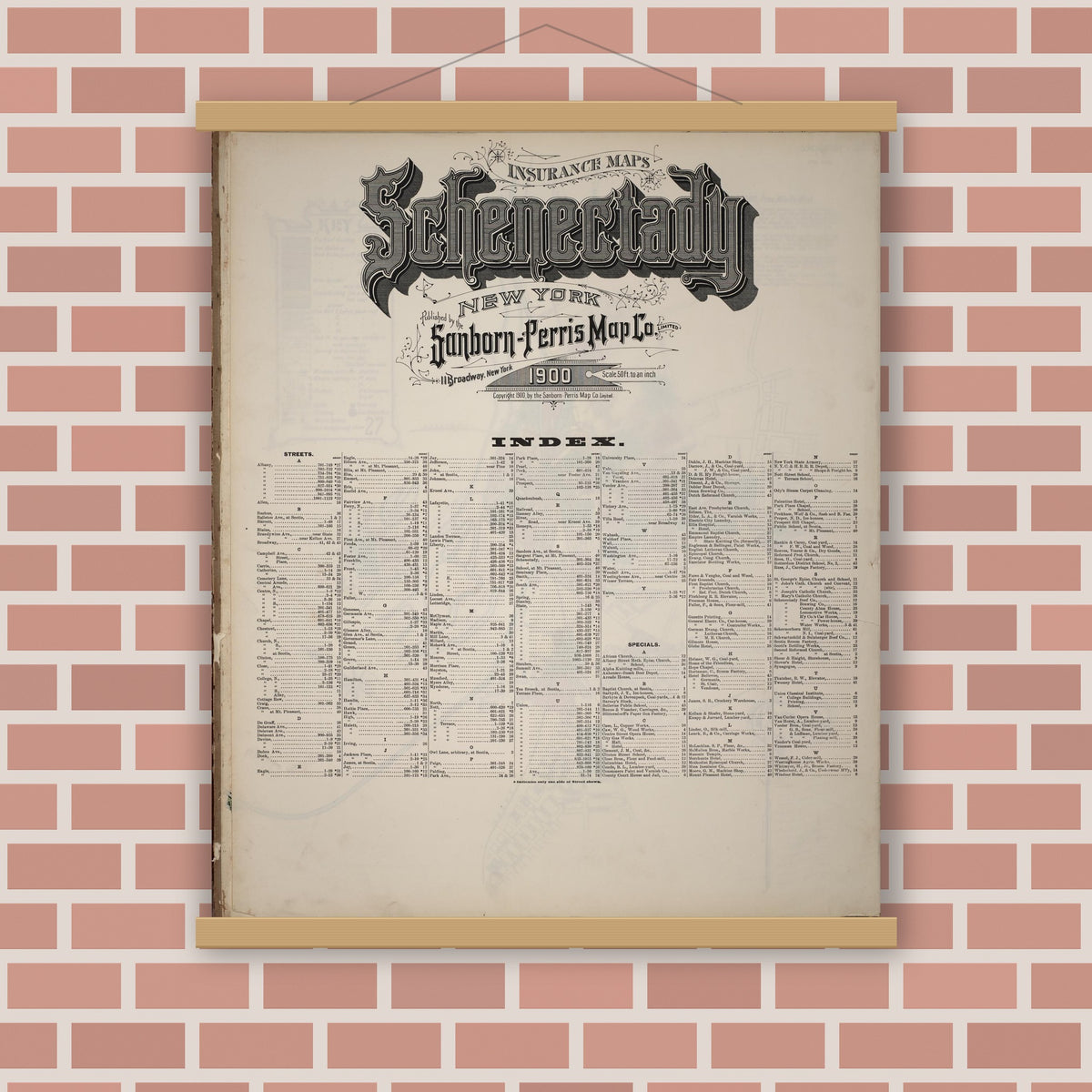 Old map wall art mockup — magnetic wood frame on brick wall — Sanborn Fire Insurance Map from Schenectady, Schenectady County, New York (1900), Sheet #0001
