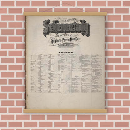 Old map wall art mockup — magnetic wood frame on brick wall — Sanborn Fire Insurance Map from Schenectady, Schenectady County, New York (1900), Sheet #0001
