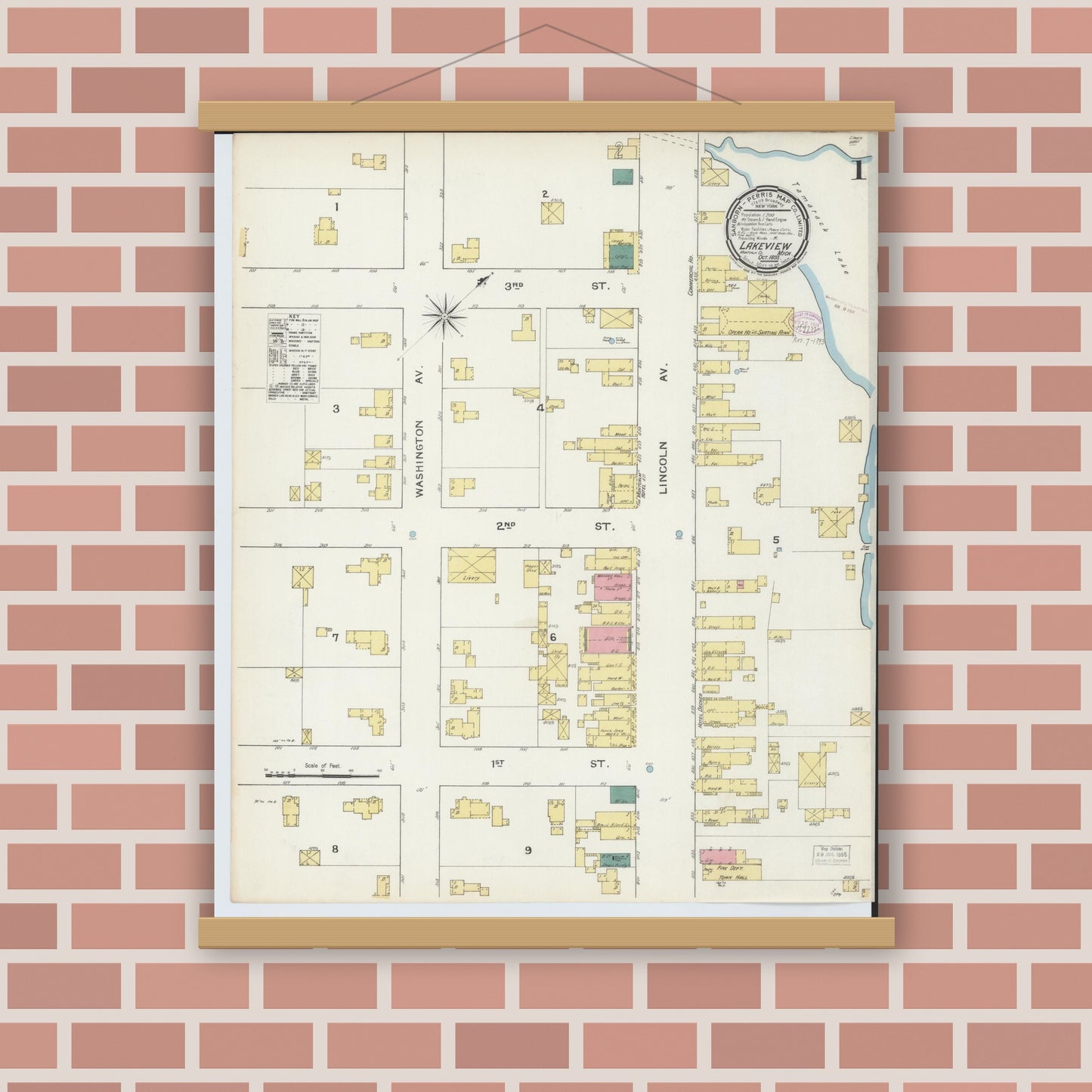 Old map wall art mockup — magnetic wood frame on brick wall — Sanborn Fire Insurance Map from Lakeview, Montcalm County, Michigan (1893) - Complete Map Set