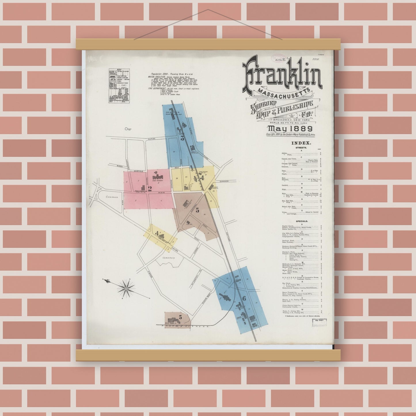 Old map wall art mockup — magnetic wood frame on brick wall — Sanborn Fire Insurance Map from Franklin, Norfolk County, Massachusetts (1889) - Complete Map Set