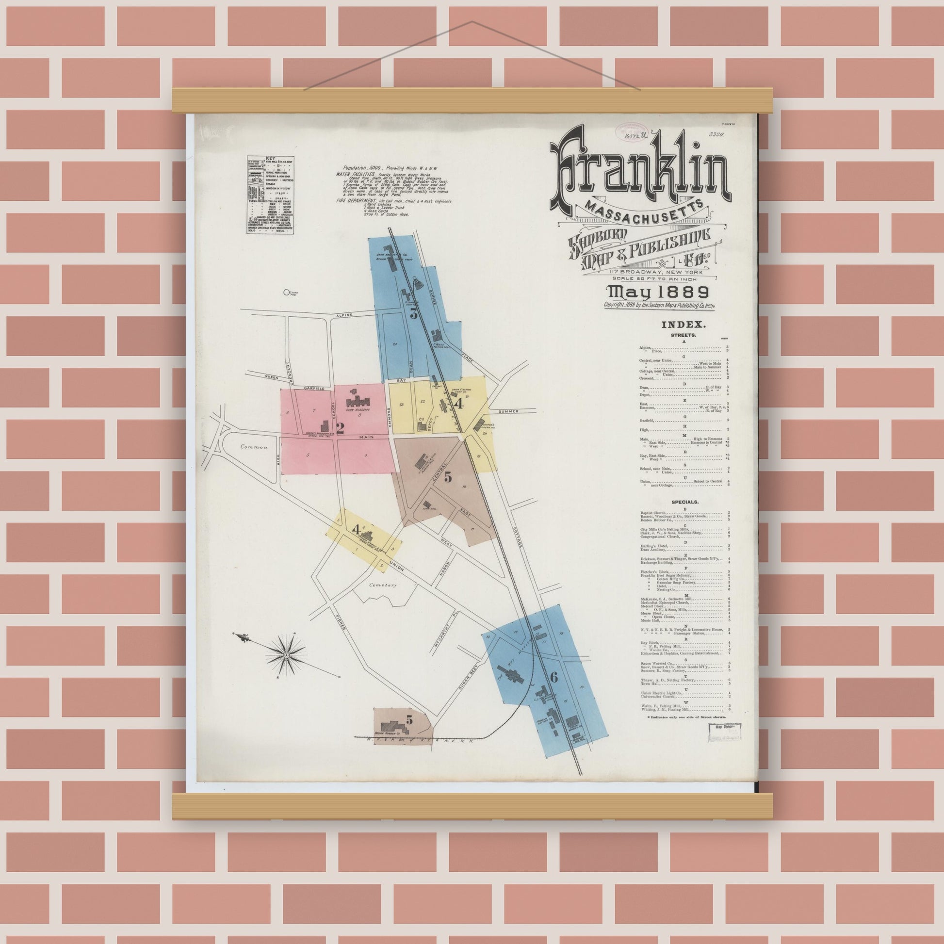Old map wall art mockup — magnetic wood frame on brick wall — Sanborn Fire Insurance Map from Franklin, Norfolk County, Massachusetts (1889) - Complete Map Set