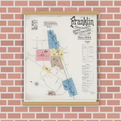 Old map wall art mockup — magnetic wood frame on brick wall — Sanborn Fire Insurance Map from Franklin, Norfolk County, Massachusetts (1889) - Complete Map Set