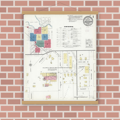 Old map wall art mockup — magnetic wood frame on brick wall — Sanborn Fire Insurance Map from Sauk Centre, Stearns County, Minnesota (1909), Sheet #0001