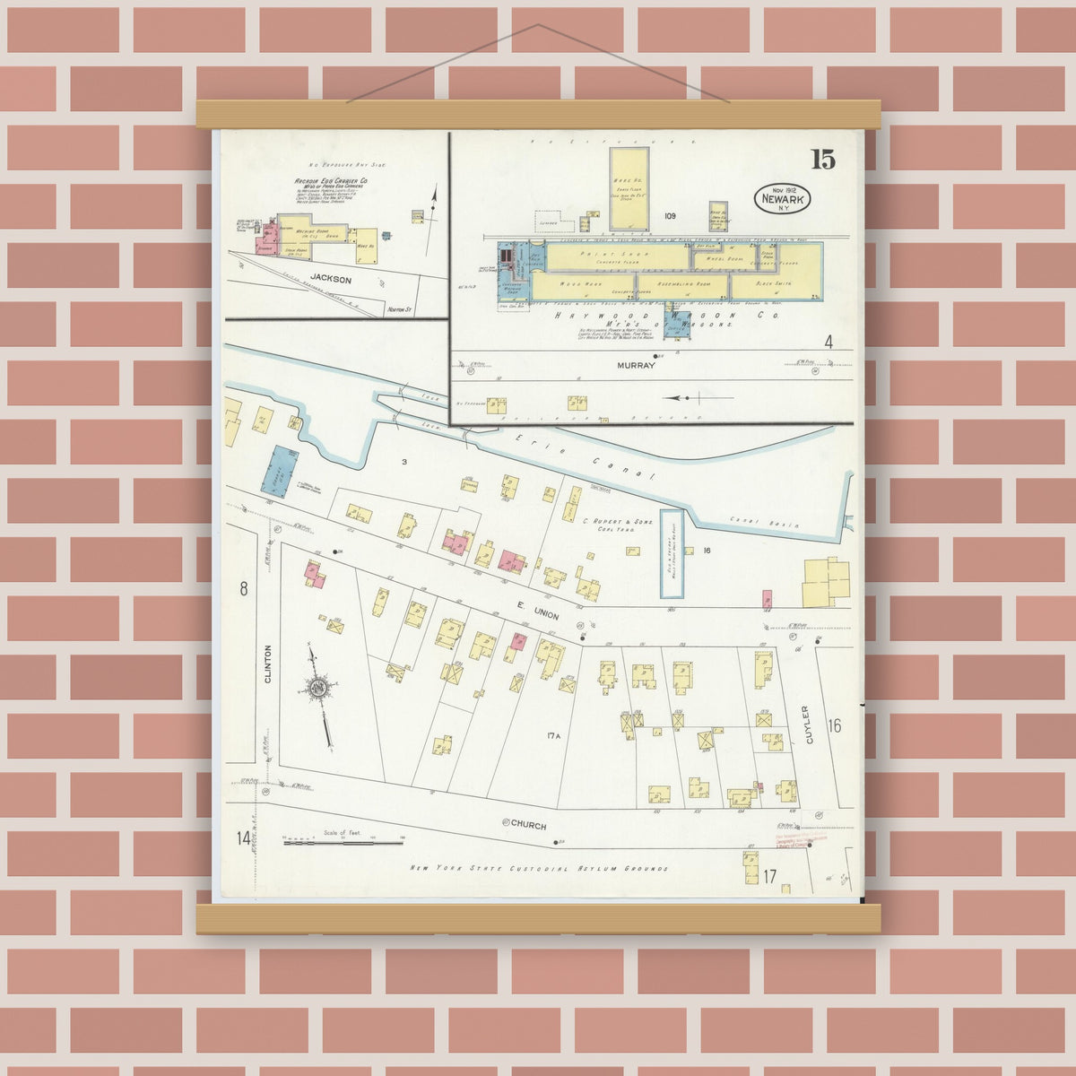 Old map wall art mockup — magnetic wood frame on brick wall — Sanborn Fire Insurance Map from Newark, Wayne County, New York (1912), Sheet #0015