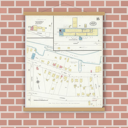 Old map wall art mockup — magnetic wood frame on brick wall — Sanborn Fire Insurance Map from Newark, Wayne County, New York (1912), Sheet #0015