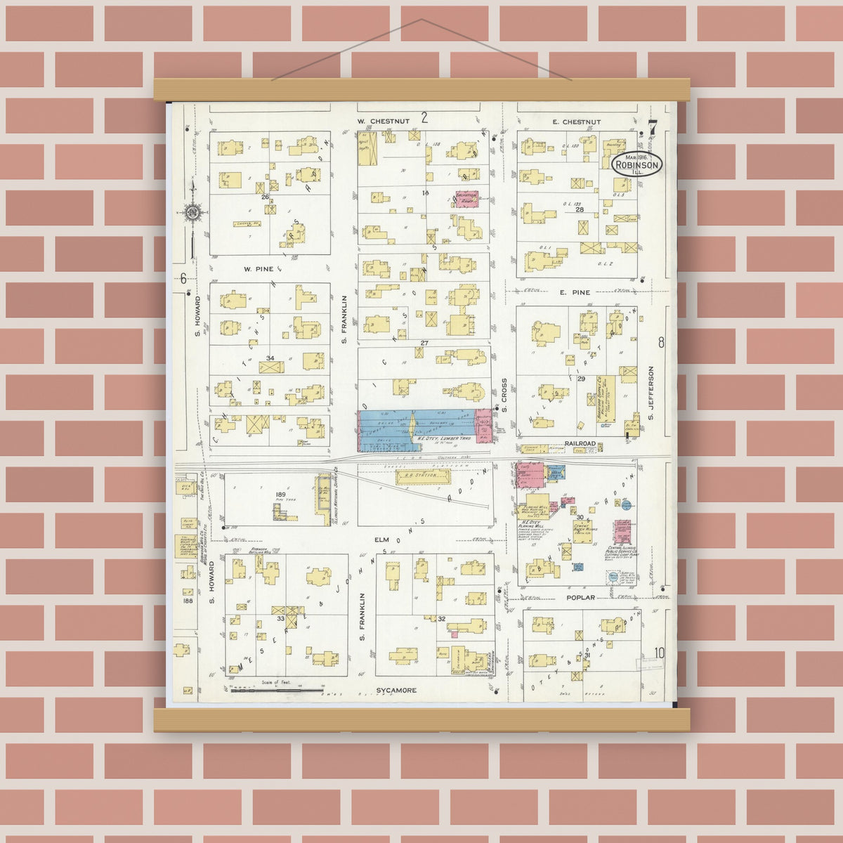 Old map wall art mockup — magnetic wood frame on brick wall — Sanborn Fire Insurance Map from Robinson, Crawford County, Illinois (1916), Sheet #0007