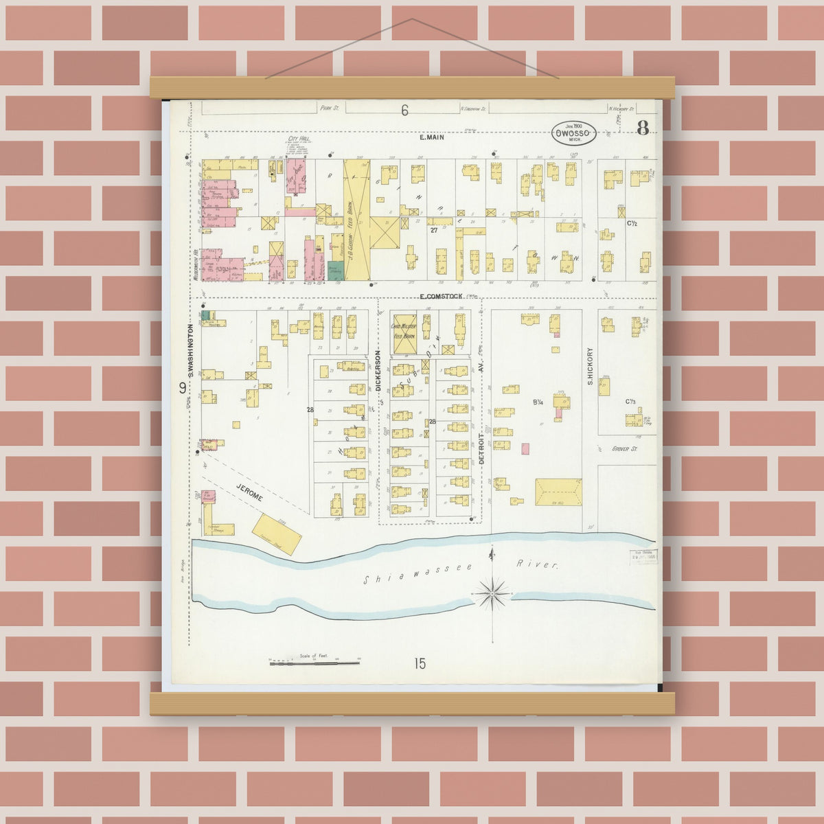 Old map wall art mockup — magnetic wood frame on brick wall — Sanborn Fire Insurance Map from Owosso, Shiawassee County, Michigan (1900), Sheet #0008