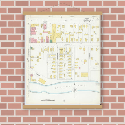 Old map wall art mockup — magnetic wood frame on brick wall — Sanborn Fire Insurance Map from Owosso, Shiawassee County, Michigan (1900), Sheet #0008