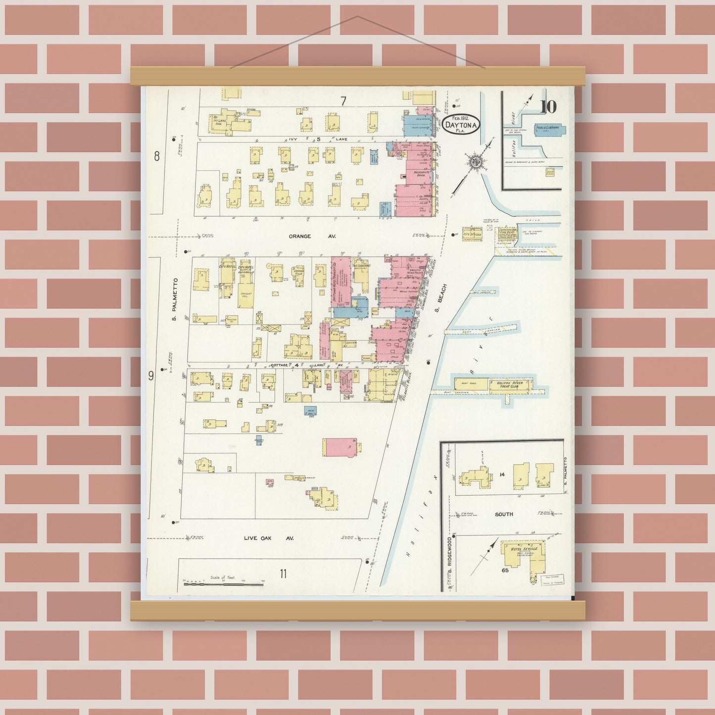 Old map wall art mockup — magnetic wood frame on brick wall — Sanborn Fire Insurance Map from Daytona, Volusia County, Florida (1912), Sheet #0010