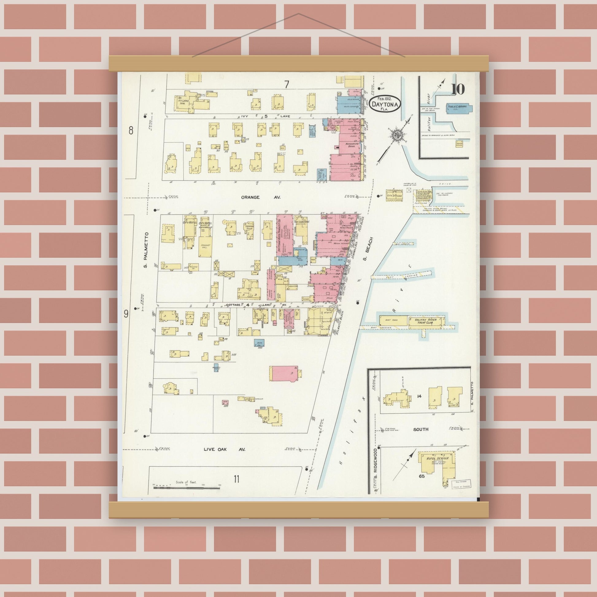 Old map wall art mockup — magnetic wood frame on brick wall — Sanborn Fire Insurance Map from Daytona, Volusia County, Florida (1912), Sheet #0010