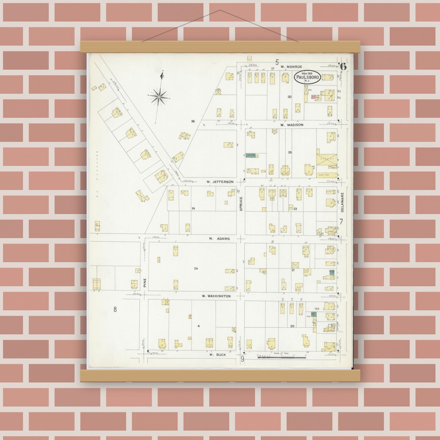 Old map wall art mockup — magnetic wood frame on brick wall — Sanborn Fire Insurance Map from Paulsboro, Gloucester County, New Jersey (1909), Sheet #0006