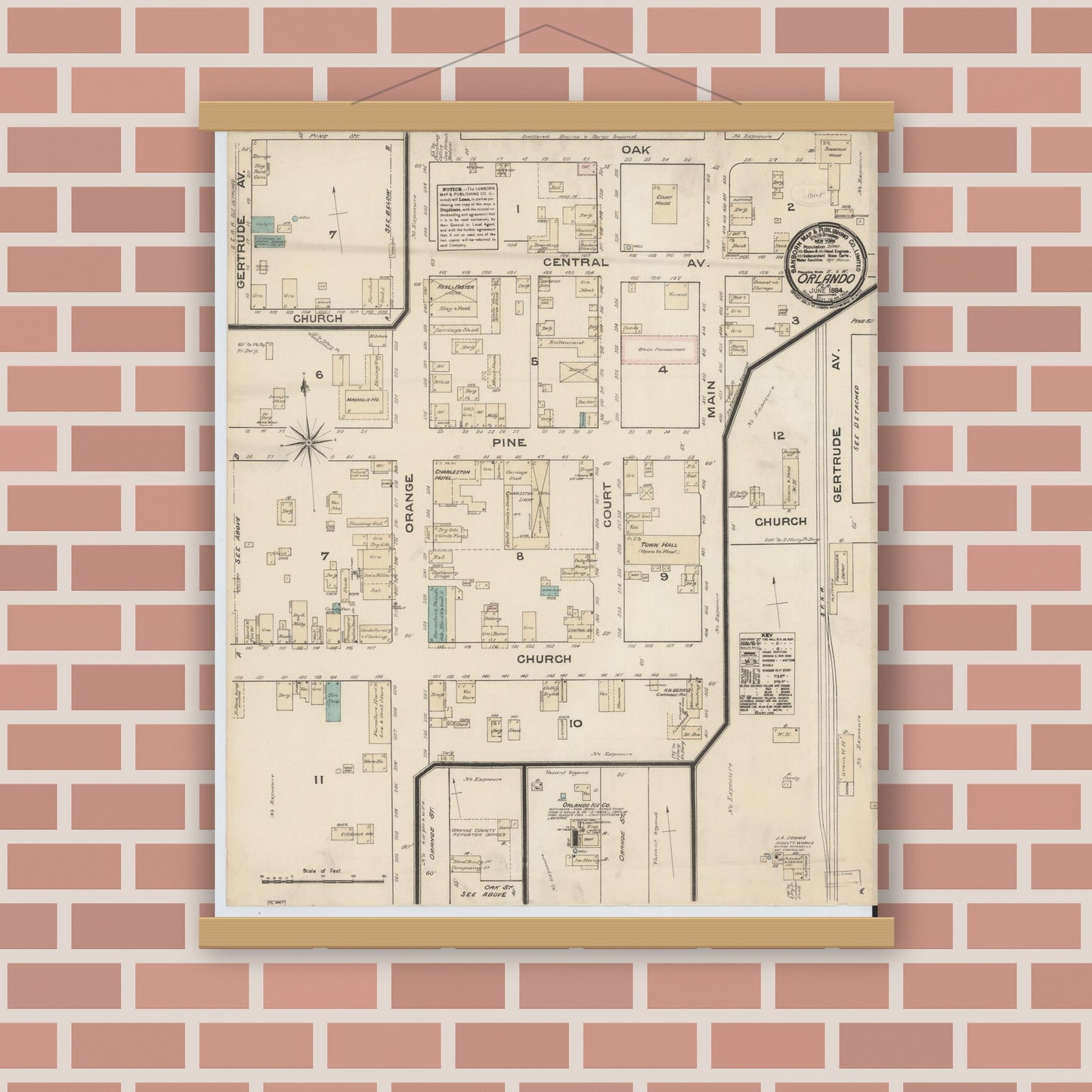 Old map wall art mockup — magnetic wood frame on brick wall — Sanborn Fire Insurance Map from Orlando, Orange County, Florida (1884), Sheet #0001