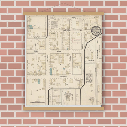 Old map wall art mockup — magnetic wood frame on brick wall — Sanborn Fire Insurance Map from Orlando, Orange County, Florida (1884), Sheet #0001