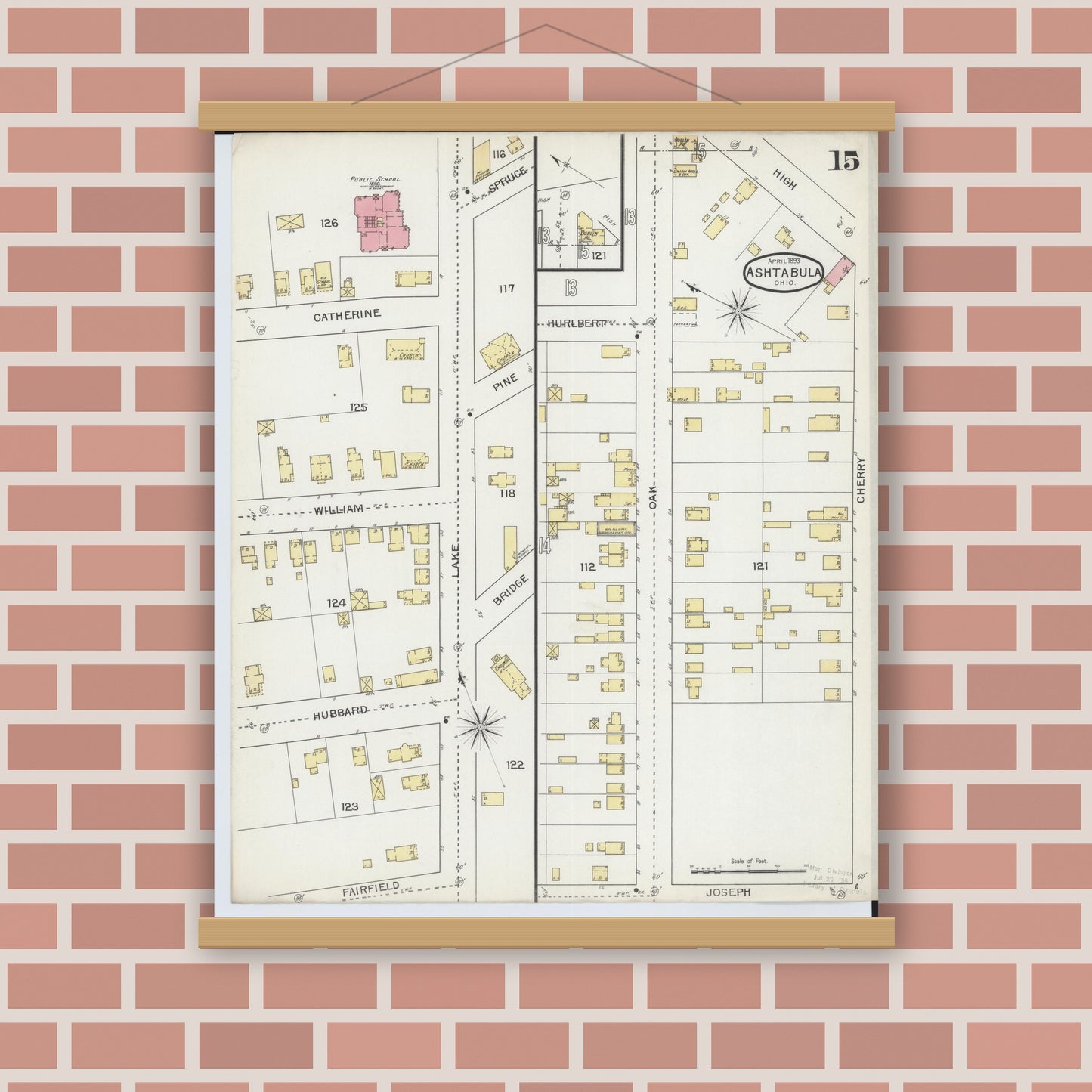 Old map wall art mockup — magnetic wood frame on brick wall — Sanborn Fire Insurance Map from Ashtabula, Ashtabula County, Ohio (1893), Sheet #0015