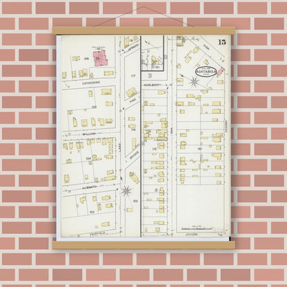 Old map wall art mockup — magnetic wood frame on brick wall — Sanborn Fire Insurance Map from Ashtabula, Ashtabula County, Ohio (1893), Sheet #0015