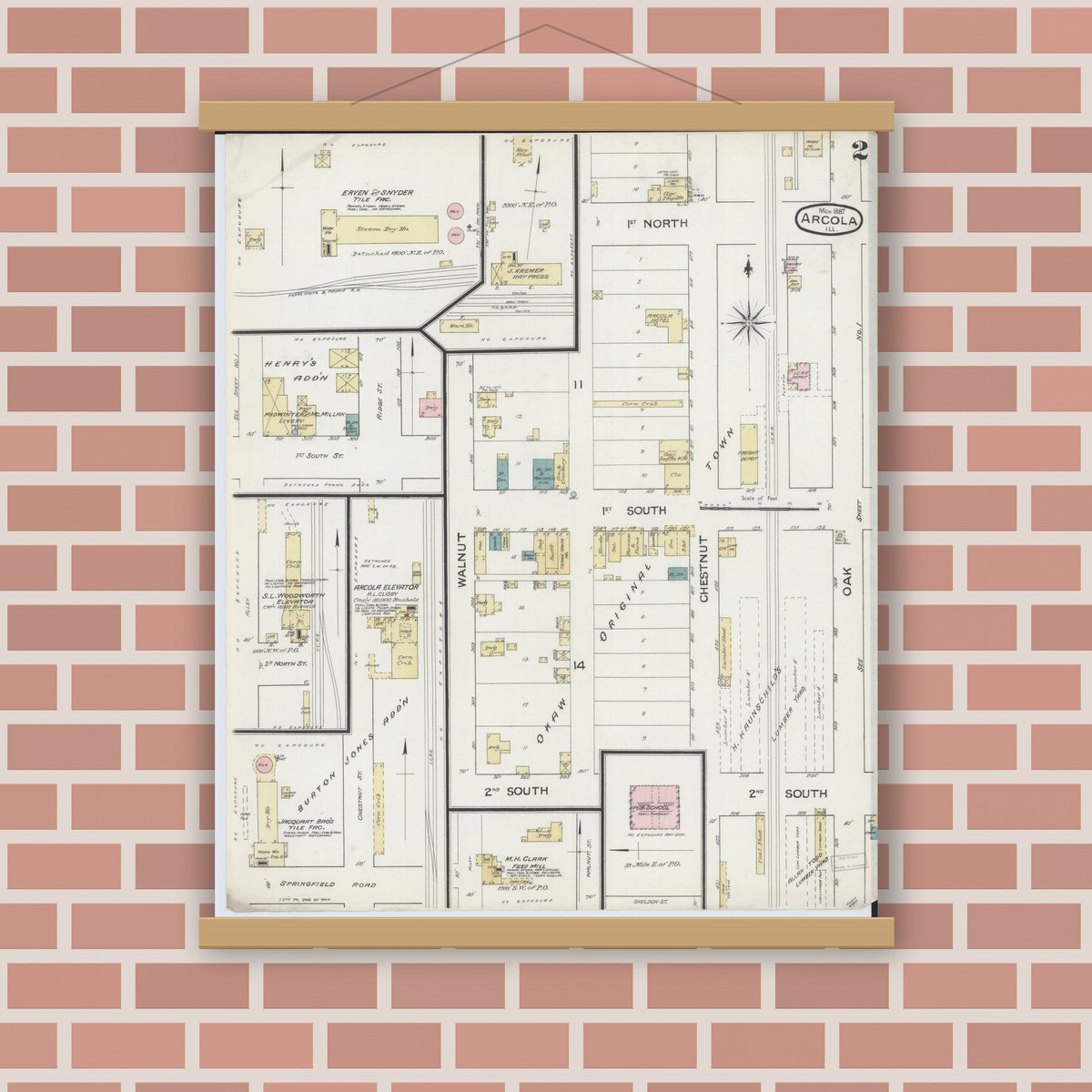 Old map wall art mockup — magnetic wood frame on brick wall — Sanborn Fire Insurance Map from Arcola, Douglas County, Illinois (1887), Sheet #0002