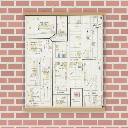 Old map wall art mockup — magnetic wood frame on brick wall — Sanborn Fire Insurance Map from Arcola, Douglas County, Illinois (1887), Sheet #0002