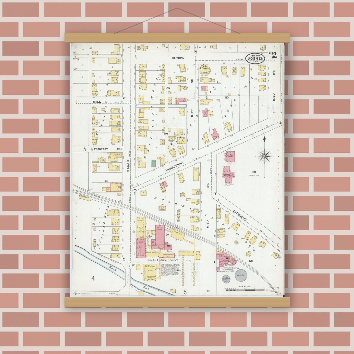 Old map wall art mockup — magnetic wood frame on brick wall — Sanborn Fire Insurance Map from Goshen, Elkhart County, Indiana (1905), Sheet #0002