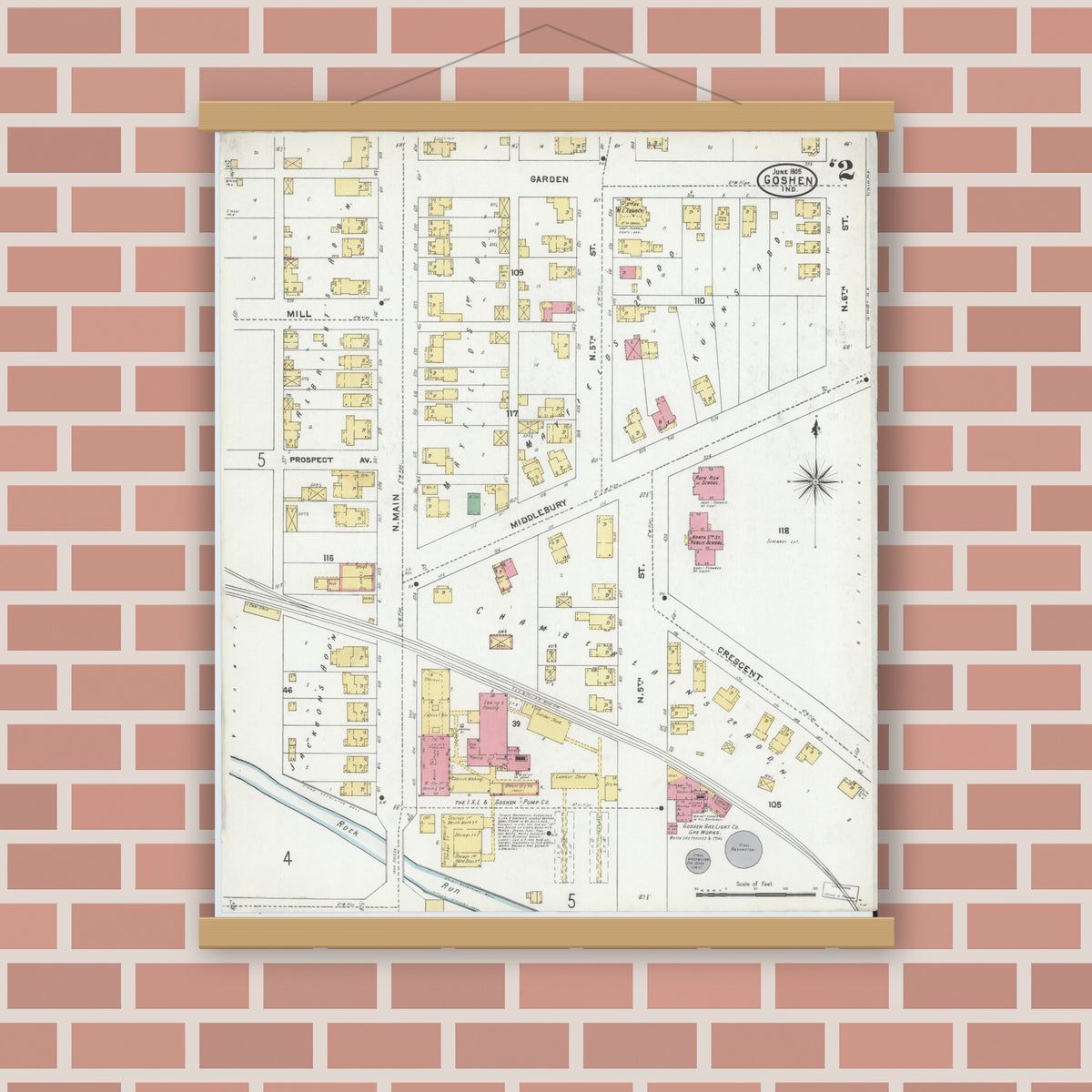 Old map wall art mockup — magnetic wood frame on brick wall — Sanborn Fire Insurance Map from Goshen, Elkhart County, Indiana (1905), Sheet #0002