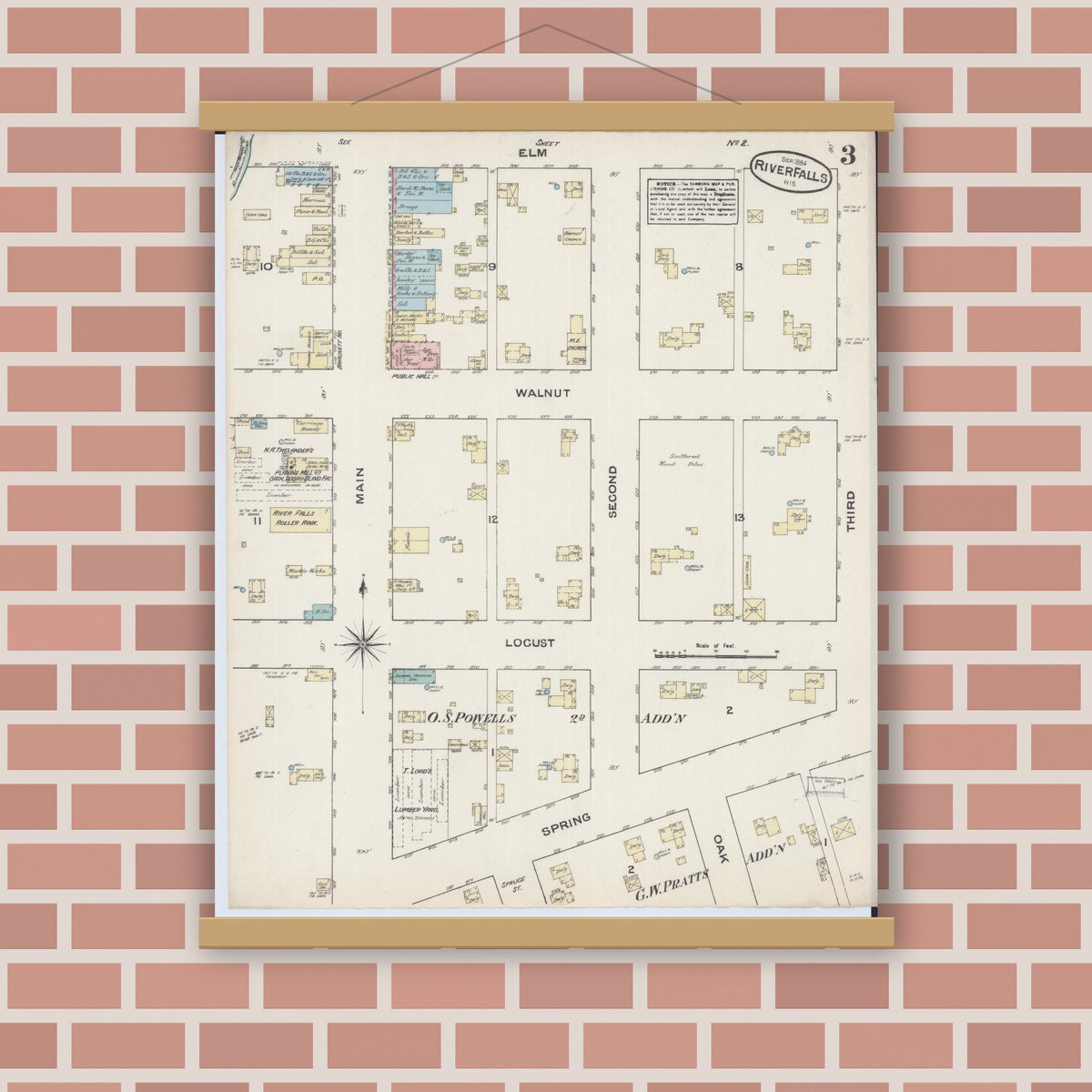 Old map wall art mockup — magnetic wood frame on brick wall — Sanborn Fire Insurance Map from River Falls, St. Croix and Pierce Counties, Wisconsin (1884), Sheet #0003
