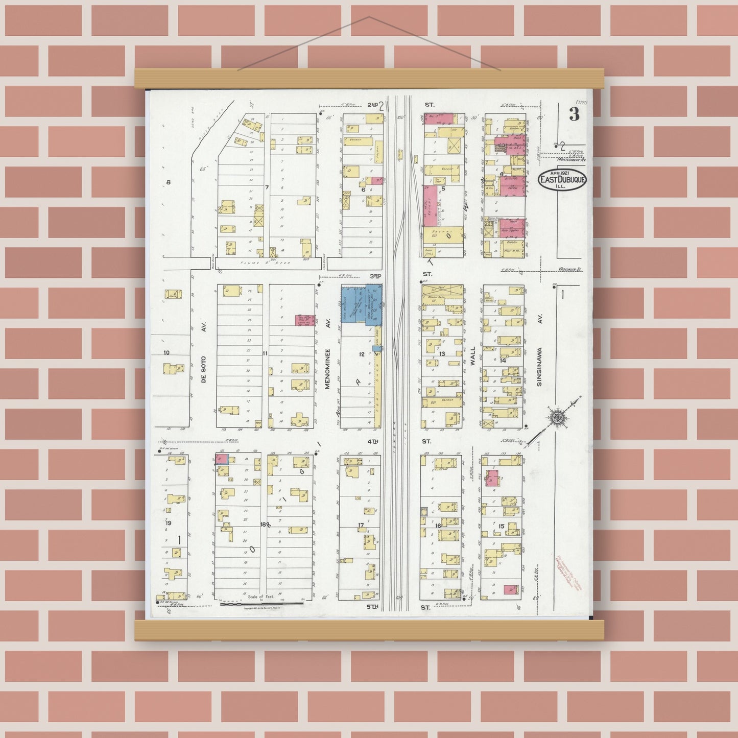 Old map wall art mockup — magnetic wood frame on brick wall — Sanborn Fire Insurance Map from East Dubuque, Jo Daviess County, Illinois (1921), Sheet #0003