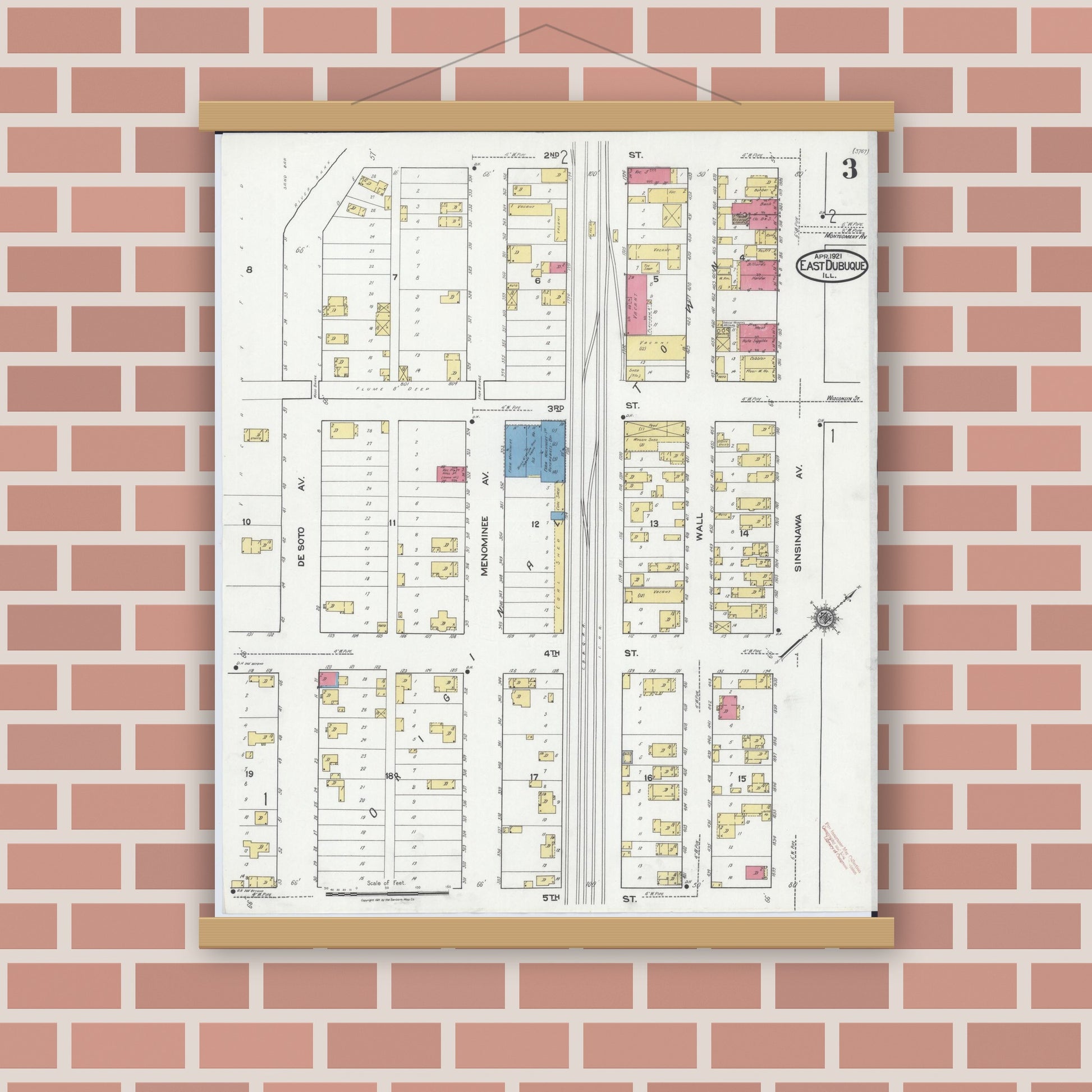 Old map wall art mockup — magnetic wood frame on brick wall — Sanborn Fire Insurance Map from East Dubuque, Jo Daviess County, Illinois (1921), Sheet #0003