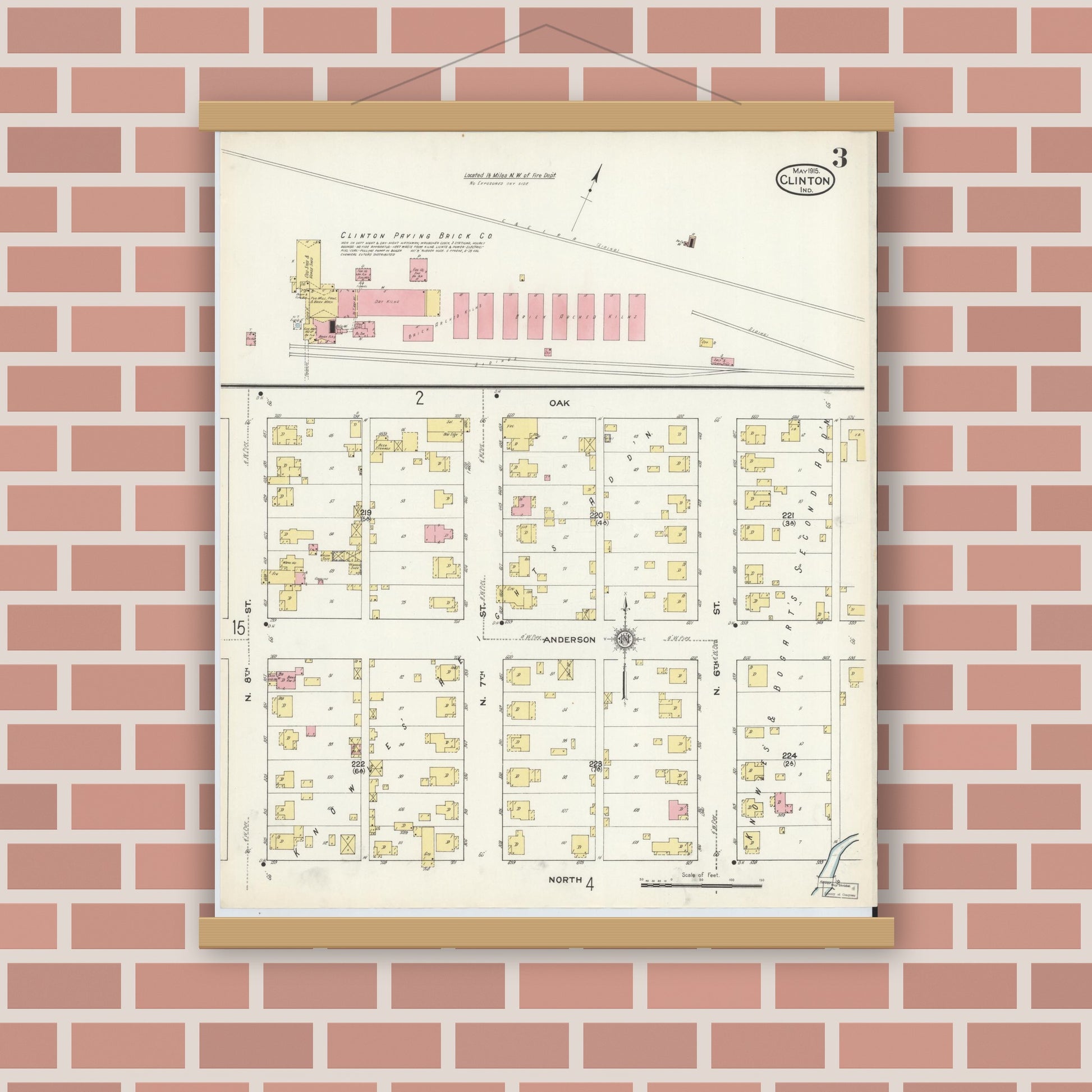 Old map wall art mockup — magnetic wood frame on brick wall — Sanborn Fire Insurance Map from Clinton, Vermillion County, Indiana (1915), Sheet #0003