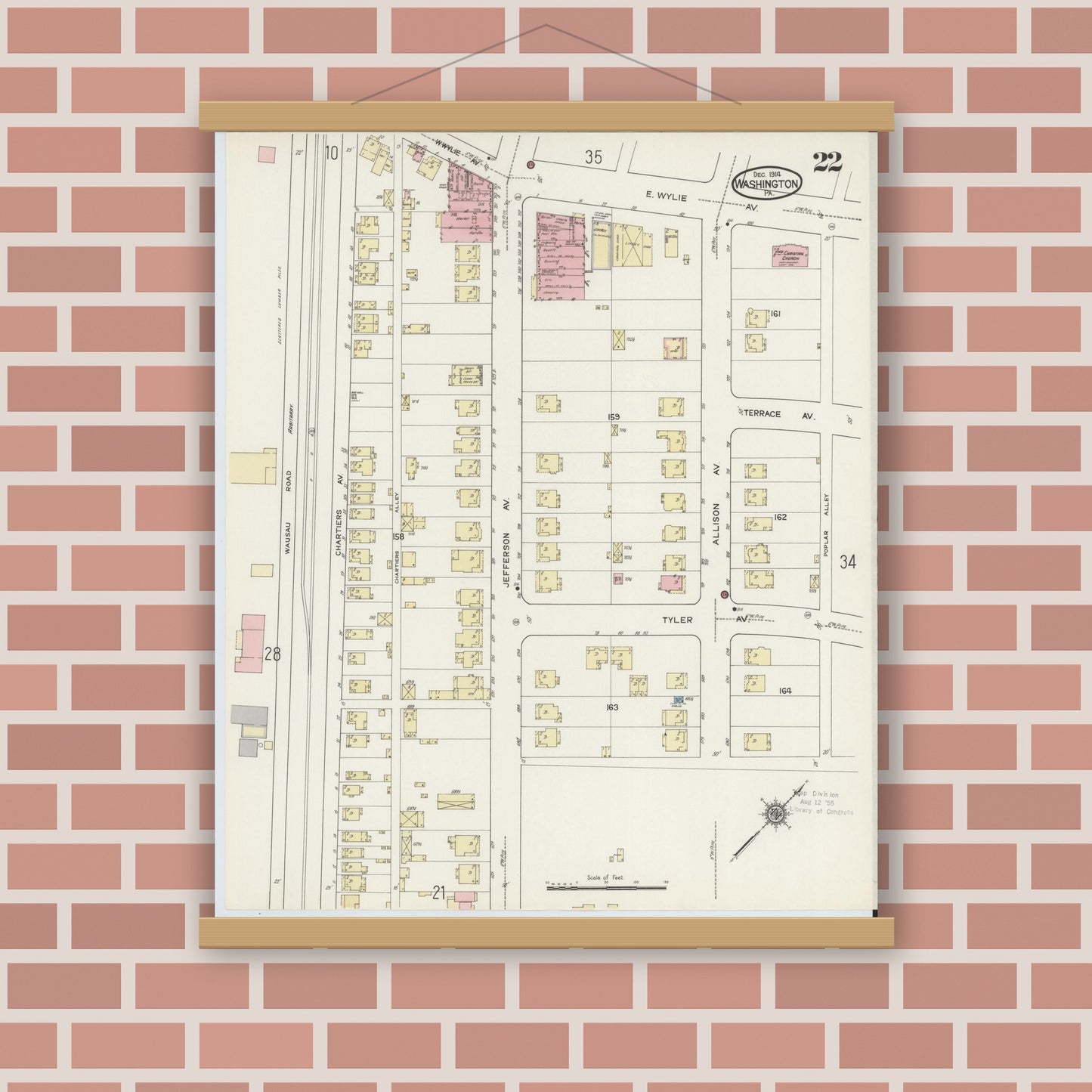 Old map wall art mockup — magnetic wood frame on brick wall — Sanborn Fire Insurance Map from Washington, Washington County, Pennsylvania (1914), Sheet #0022