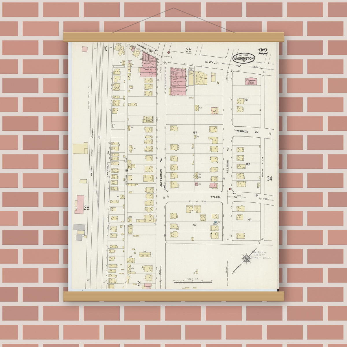 Old map wall art mockup — magnetic wood frame on brick wall — Sanborn Fire Insurance Map from Washington, Washington County, Pennsylvania (1914), Sheet #0022