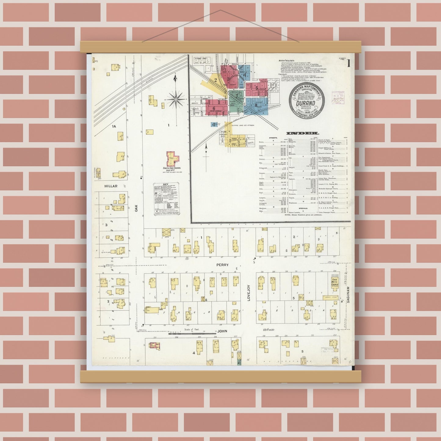 Old map wall art mockup — magnetic wood frame on brick wall — Sanborn Fire Insurance Map from Durand, Shiawassee County, Michigan (1908), Sheet #0001