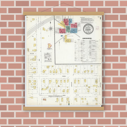 Old map wall art mockup — magnetic wood frame on brick wall — Sanborn Fire Insurance Map from Durand, Shiawassee County, Michigan (1908), Sheet #0001