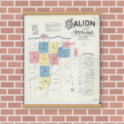 Old map wall art mockup — magnetic wood frame on brick wall — Sanborn Fire Insurance Map from Galion, Crawford County, Ohio (1892) - Complete Map Set