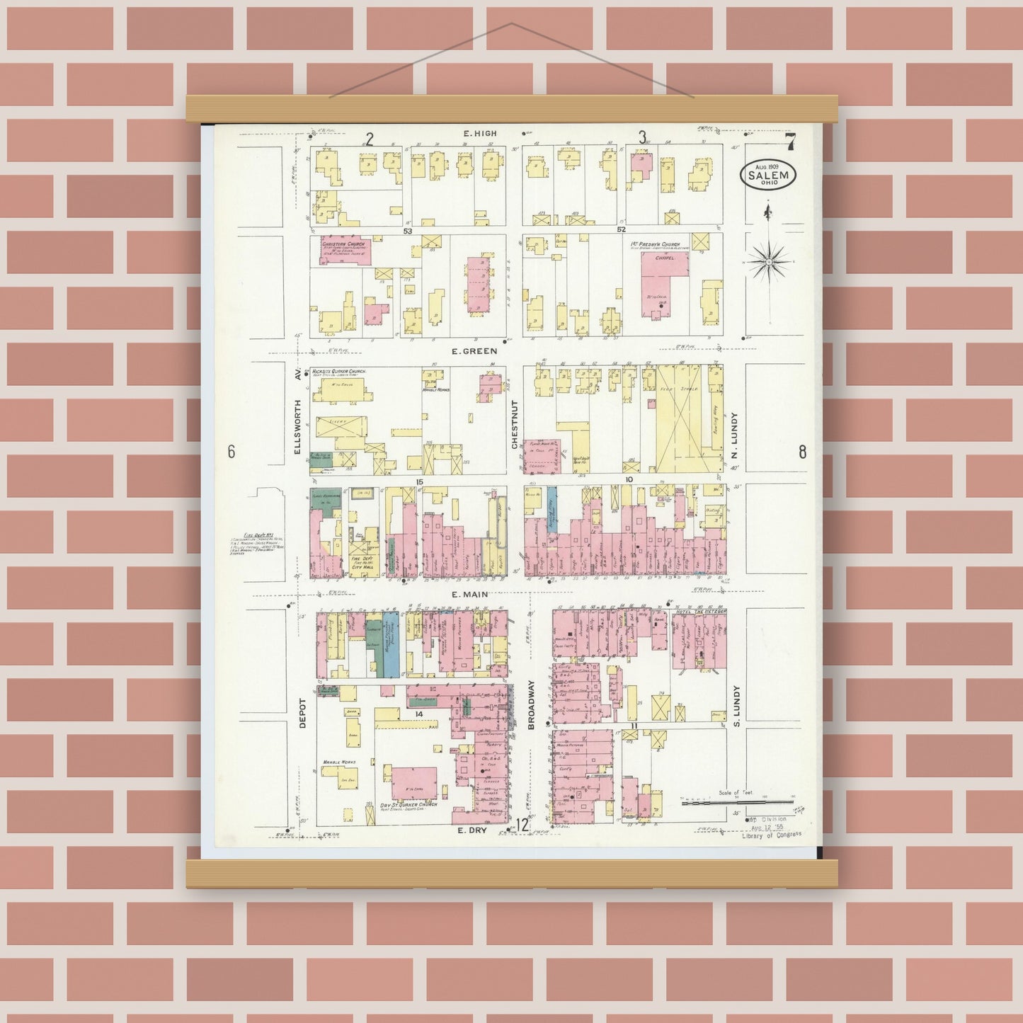 Old map wall art mockup — magnetic wood frame on brick wall — Sanborn Fire Insurance Map from Salem, Columbiana County, Ohio (1909), Sheet #0007