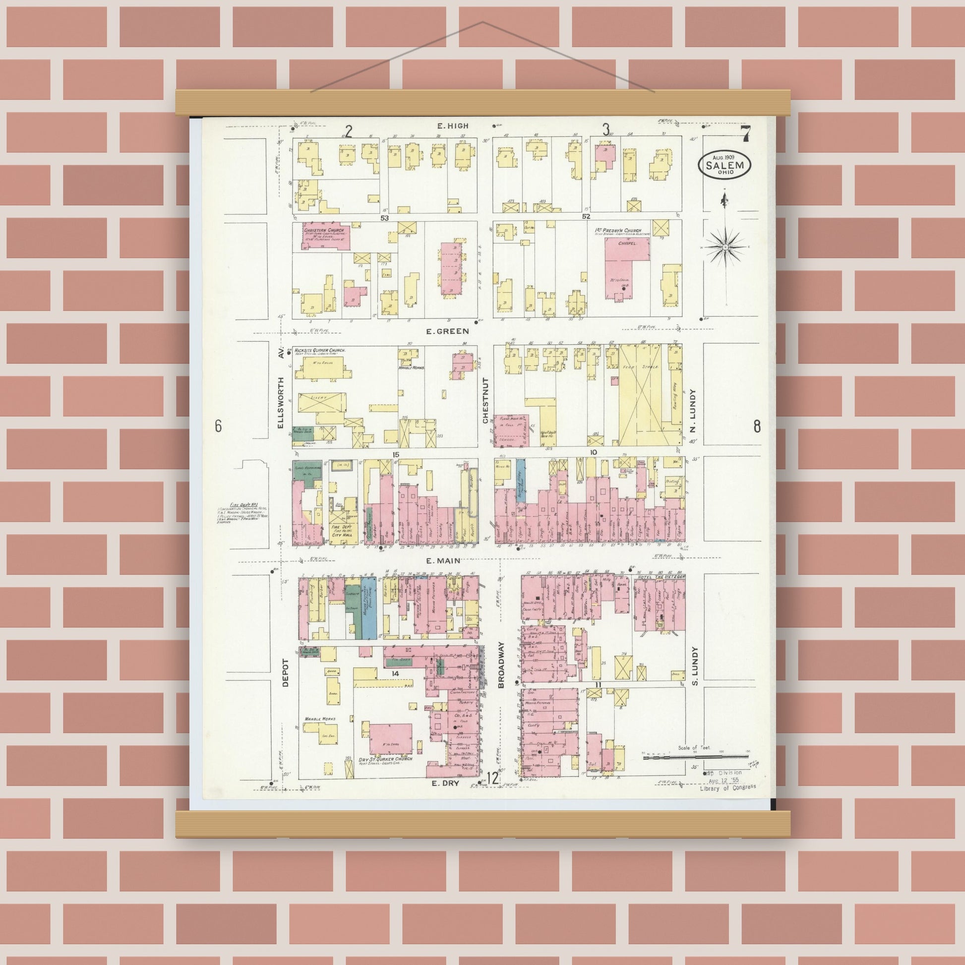 Old map wall art mockup — magnetic wood frame on brick wall — Sanborn Fire Insurance Map from Salem, Columbiana County, Ohio (1909), Sheet #0007