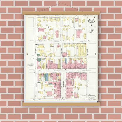 Old map wall art mockup — magnetic wood frame on brick wall — Sanborn Fire Insurance Map from Salem, Columbiana County, Ohio (1909), Sheet #0007