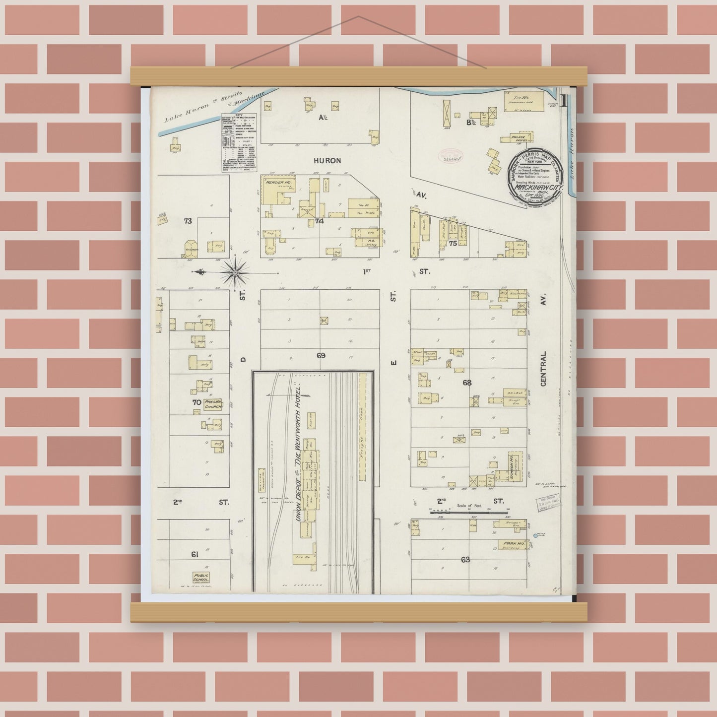 Old map wall art mockup — magnetic wood frame on brick wall — Sanborn Fire Insurance Map from Mackinaw City, Cheboygan County, Michigan (1890) - Complete Map Set