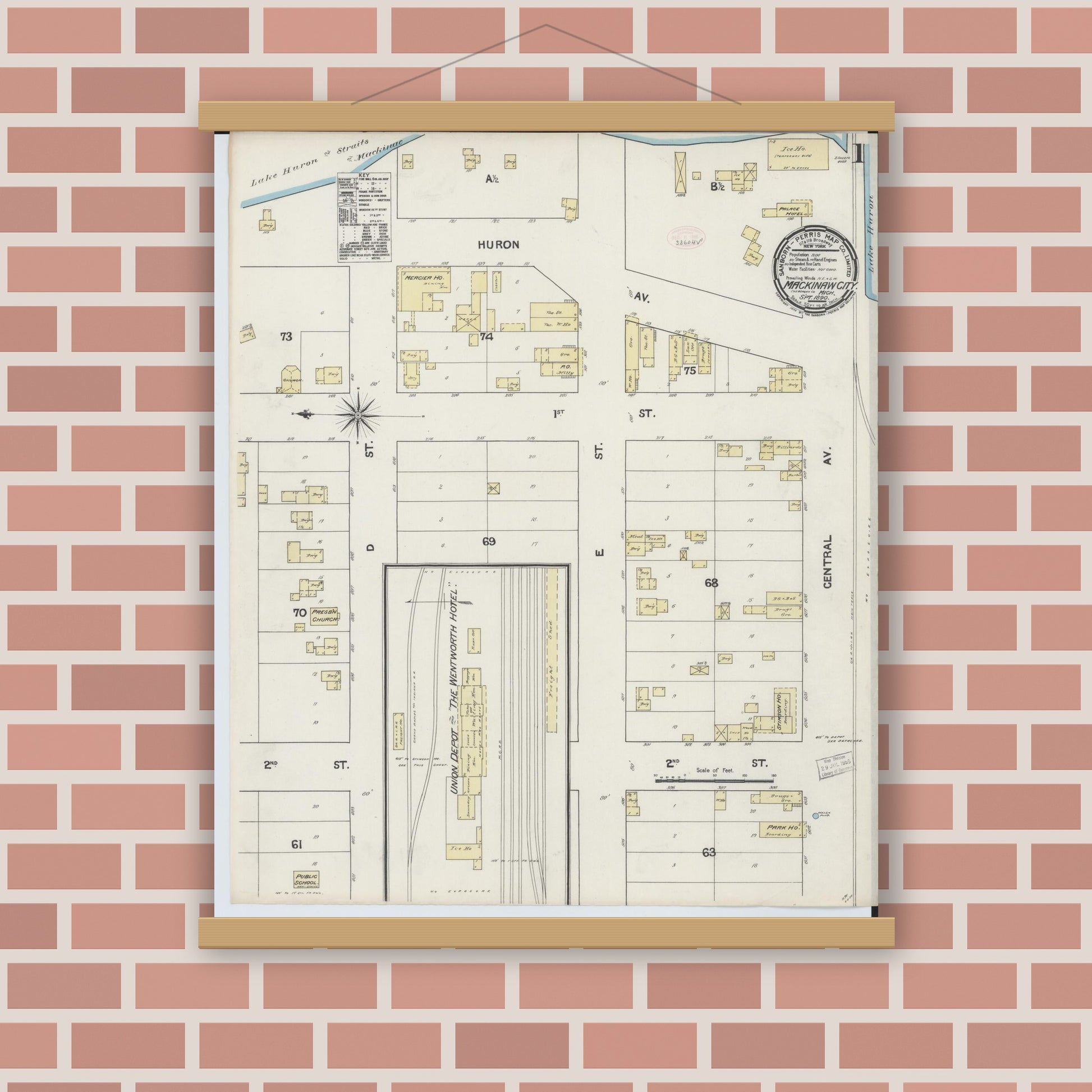 Old map wall art mockup — magnetic wood frame on brick wall — Sanborn Fire Insurance Map from Mackinaw City, Cheboygan County, Michigan (1890) - Complete Map Set
