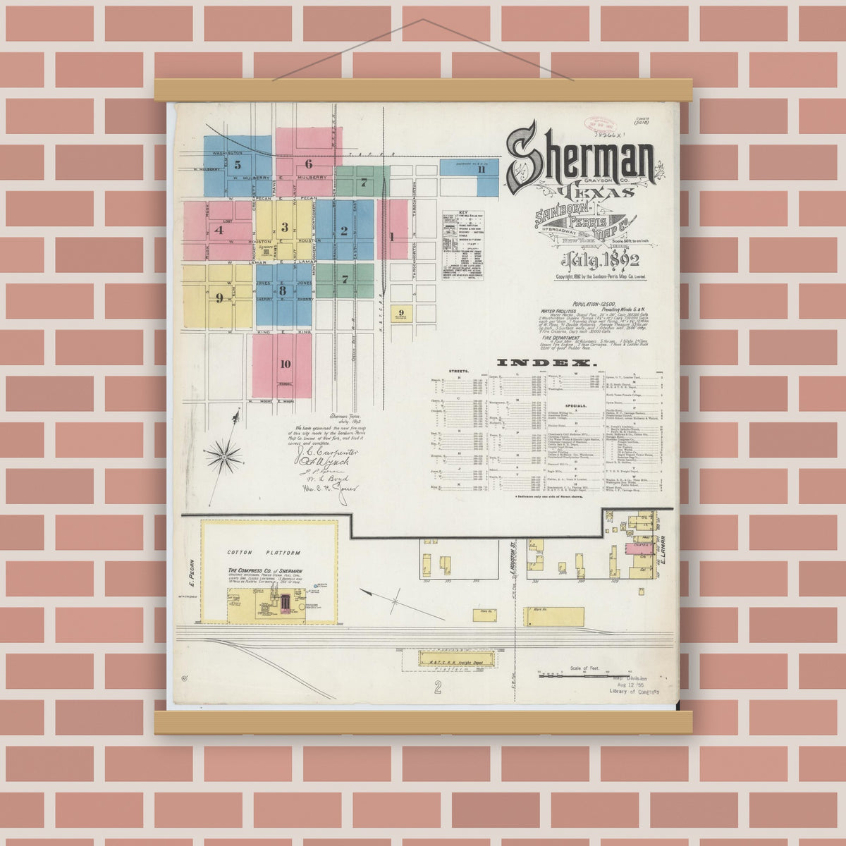 Old map wall art mockup — magnetic wood frame on brick wall — Sanborn Fire Insurance Map from Sherman, Grayson County, Texas (1892) - Complete Map Set