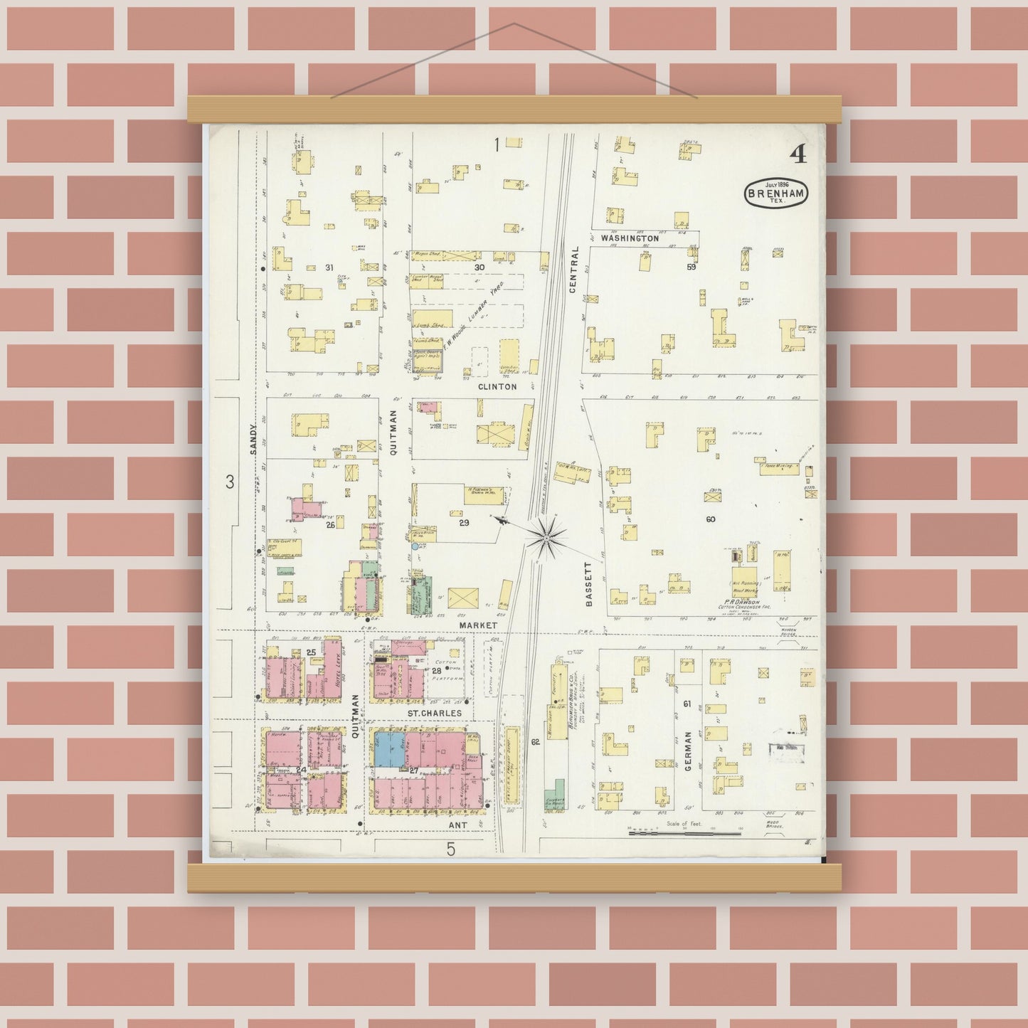 Old map wall art mockup — magnetic wood frame on brick wall — Sanborn Fire Insurance Map from Brenham, Washington County, Texas (1896), Sheet #0004